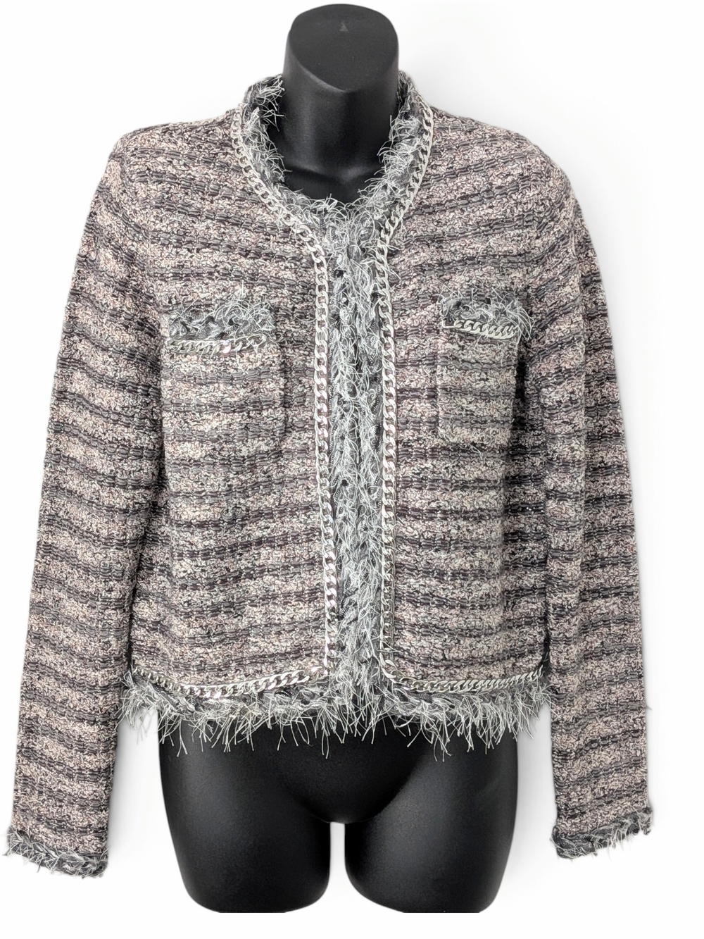 White House Black Market Gray Tweed Fringe-Trim Boxy Jacket